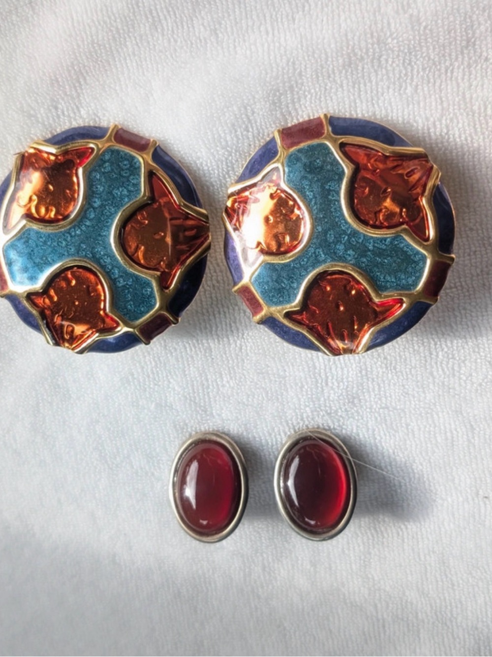 Monet Turquoise Blue & Amber Enamel Clip-On Earrings - Picture 2 of 7